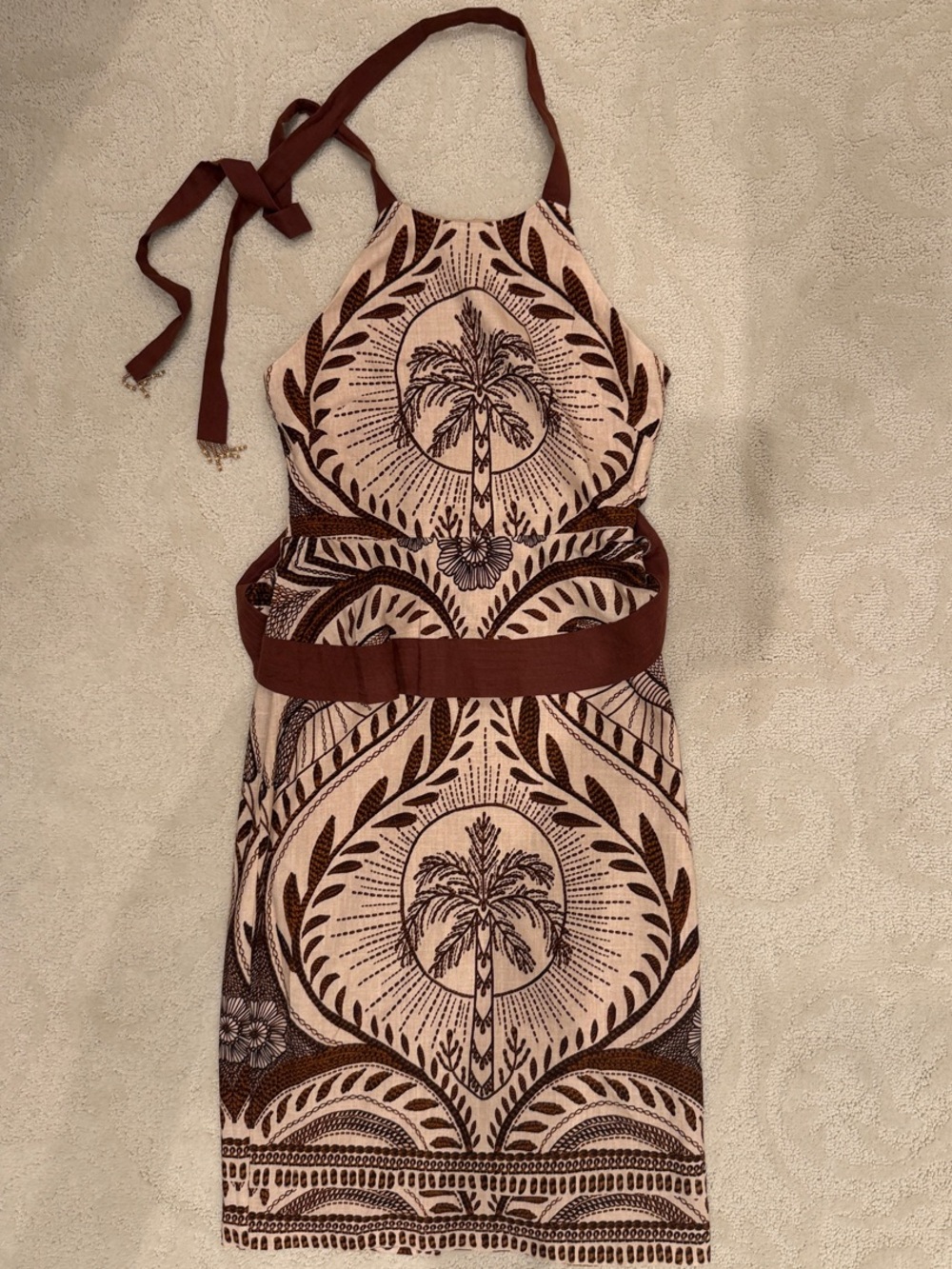 Halter Midi Summer Linen Dress in Cream and Brown Palm Motif - Beachy